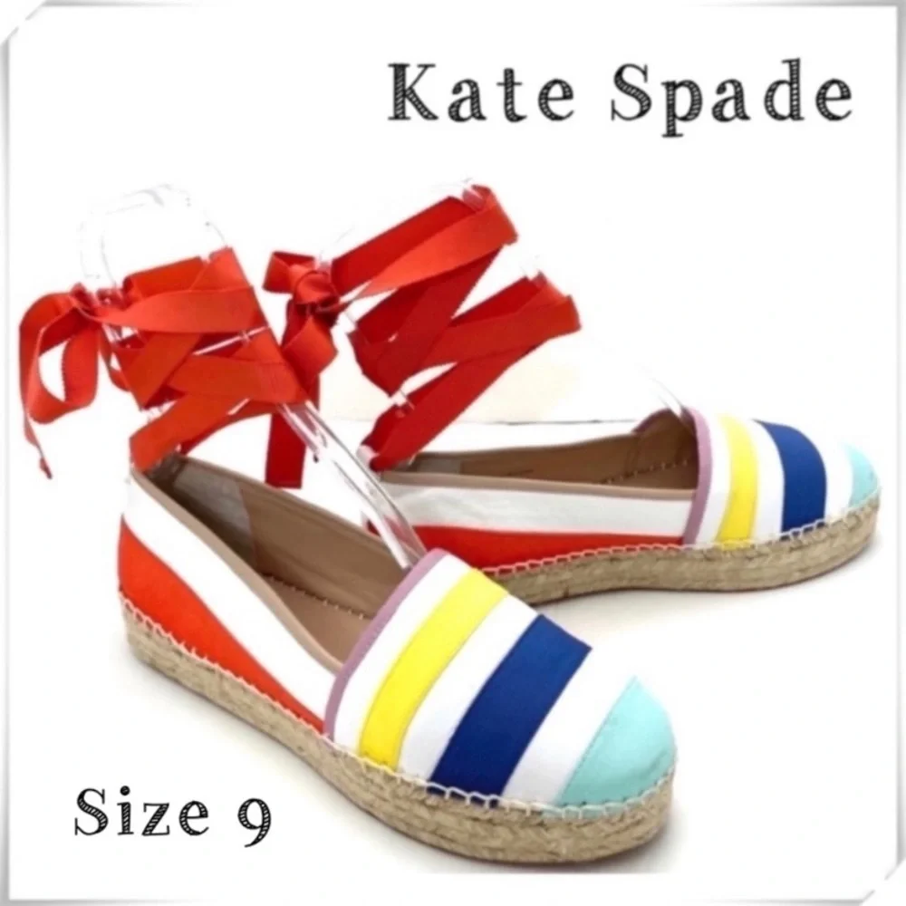 Kate Spade Leather Rainbow Striped Warped Ankle Espadrilles Platform Size 9